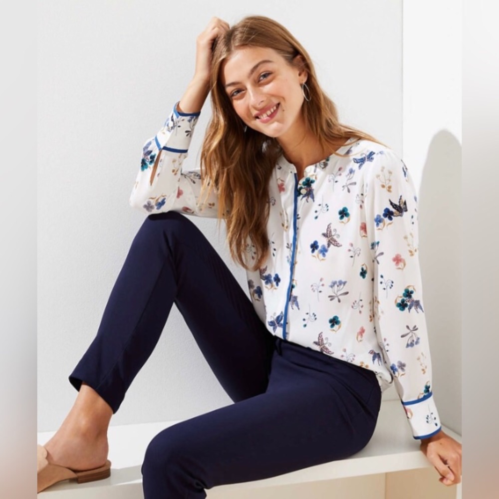 Loft Butterfly Tipped Band Collar Button Down Top